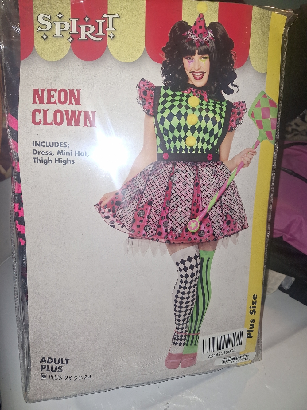Neon Clown Costume - Pink, Green & Black ,DRESS AND HAT NO SOCKS
